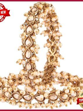 Indian Kundan Bangle Set Crystal Faux Pearl Bohemian Bridal Bracelet